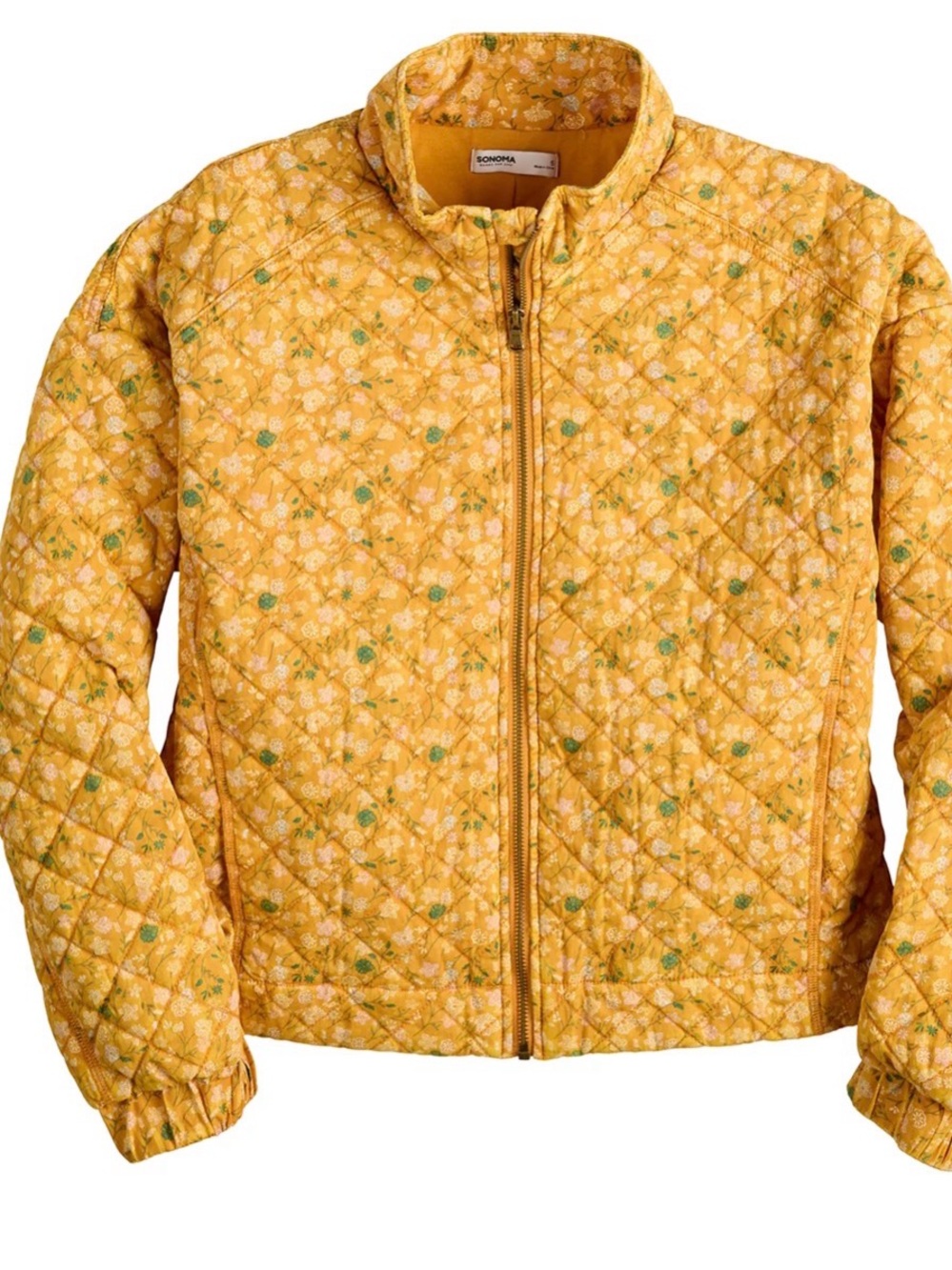 Sonoma Yellow Quilted Floral Zip Jacket with Green Accents